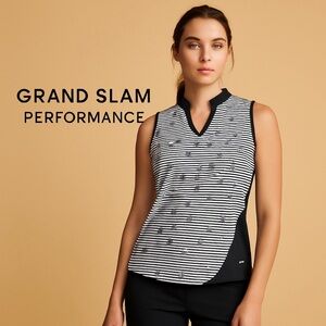 Grand Slam Performance Navy and White Striped Sleeveless Polo Shirt SZ: XL
